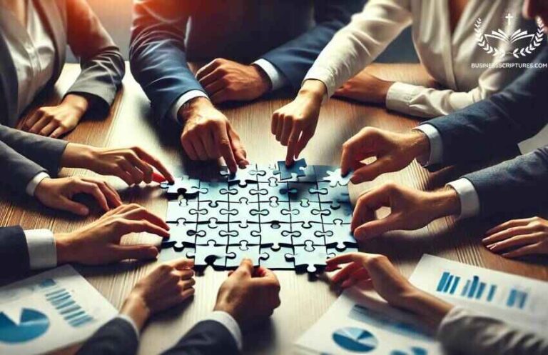 Business Scriptures – Bible Verses for Success & Growth - 3 - https://businessscriptures.com Hands assembling puzzle pieces on a table, illustrating teamwork and problem-solving in business.