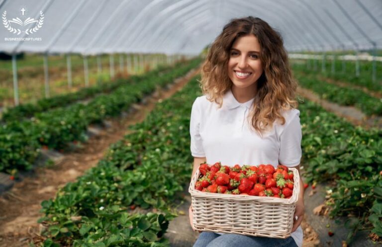 Business Scriptures – Bible Verses for Success & Growth - 2 - https://businessscriptures.com Businesswoman holding a basket of fruit, symbolizing firstfruits of business success