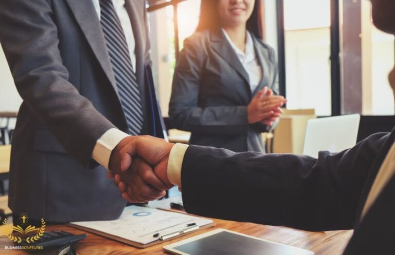 Business Scriptures – Bible Verses for Success & Growth - 2 - https://businessscriptures.com Two business partners shaking hands after forming a successful partnership