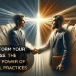 Caucasian male business leader and Hispanic female employee shaking hands in a professional environment, symbolizing Christian business practices and ethical leadership.