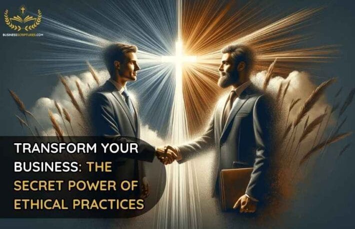 Caucasian male business leader and Hispanic female employee shaking hands in a professional environment, symbolizing Christian business practices and ethical leadership.