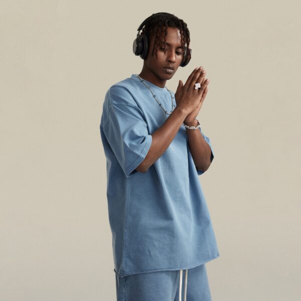 Slate Blue vintage oversized Christian T-shirt with Ichthus fish symbol - Worn by Model