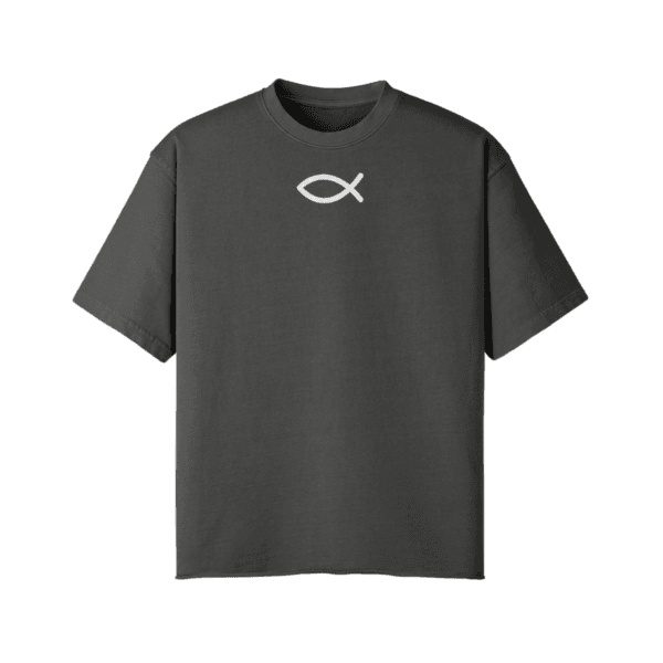 Dark Gray oversized Christian T-shirt featuring Ichthus fish symbol and distressed finish