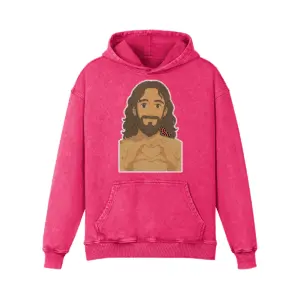Dark Pink Jesus Loves You vintage hoodie with anime-style heart-hands graphic