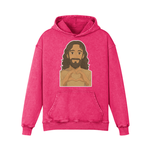 Dark Pink Jesus Loves You vintage hoodie with anime-style heart-hands graphic