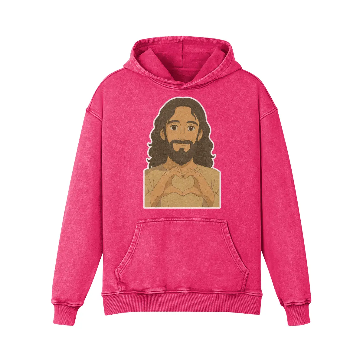 Dark Pink Jesus Loves You vintage hoodie with anime-style heart-hands graphic