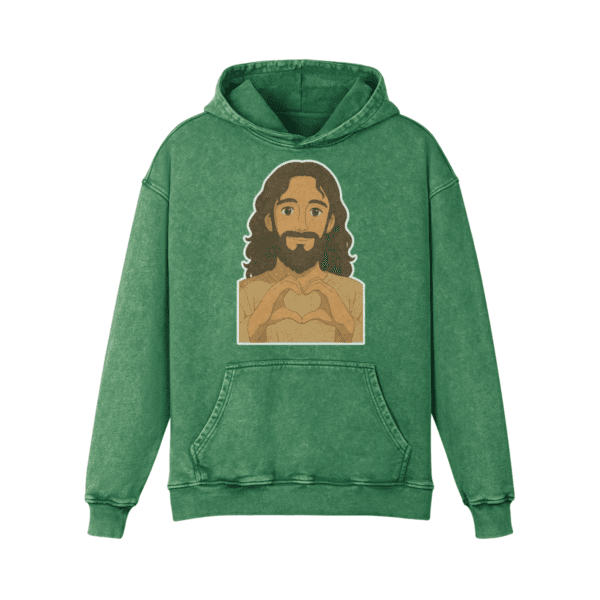 Cactus Green Christian hoodie with Jesus Loves You heart-hands graphic