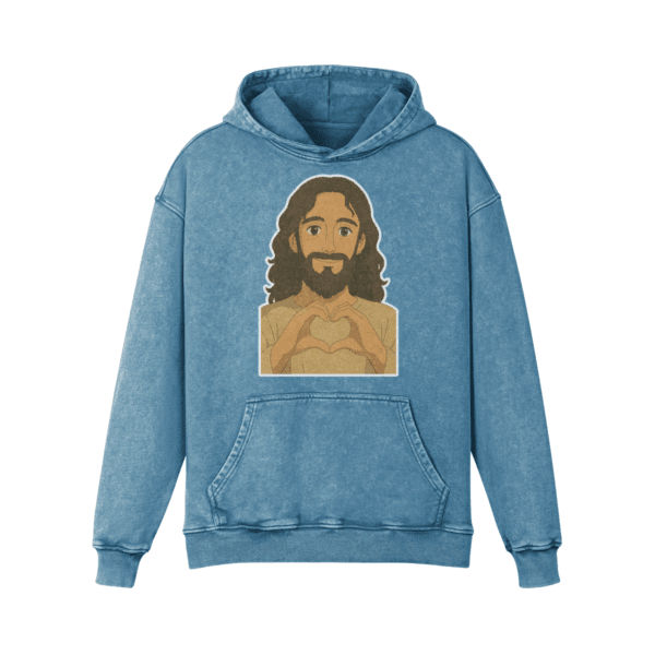 Shadow Blue Jesus Loves You vintage-wash Christian hoodie, heart-hands design