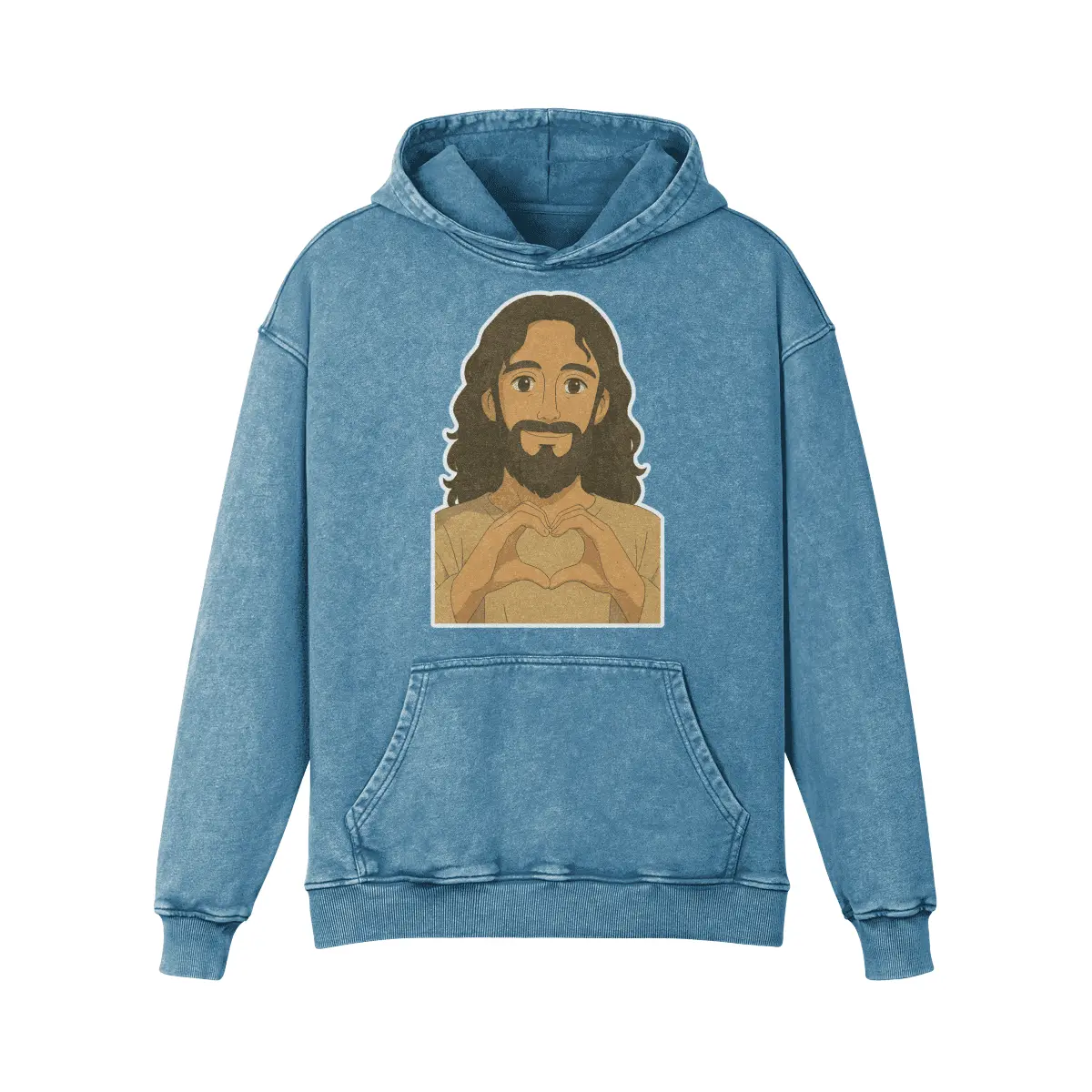 Shadow Blue Jesus Loves You vintage-wash Christian hoodie, heart-hands design