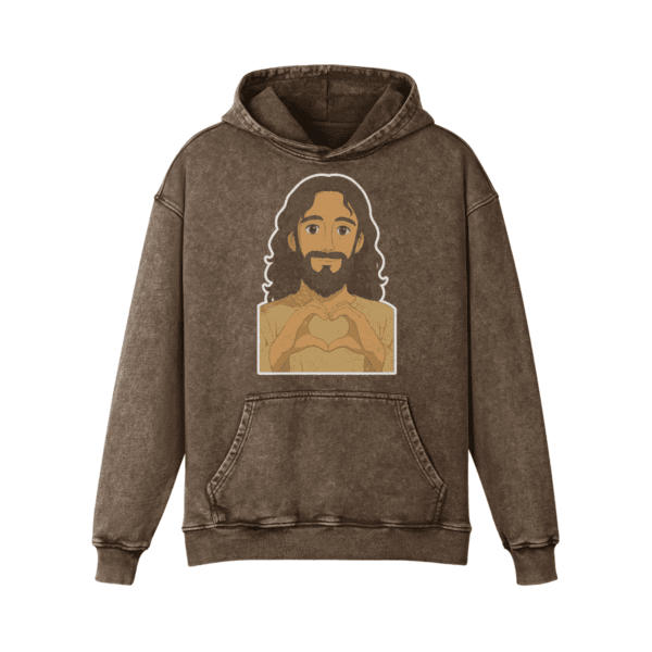 Brown oversized Jesus Loves You hoodie, vintage pigment-dyed cotton