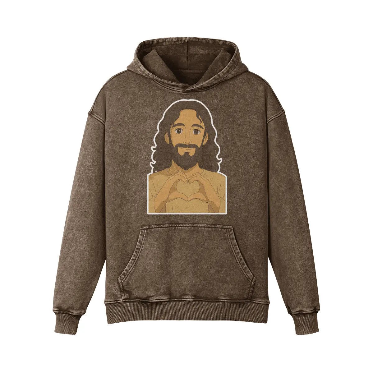 Brown oversized Jesus Loves You hoodie, vintage pigment-dyed cotton