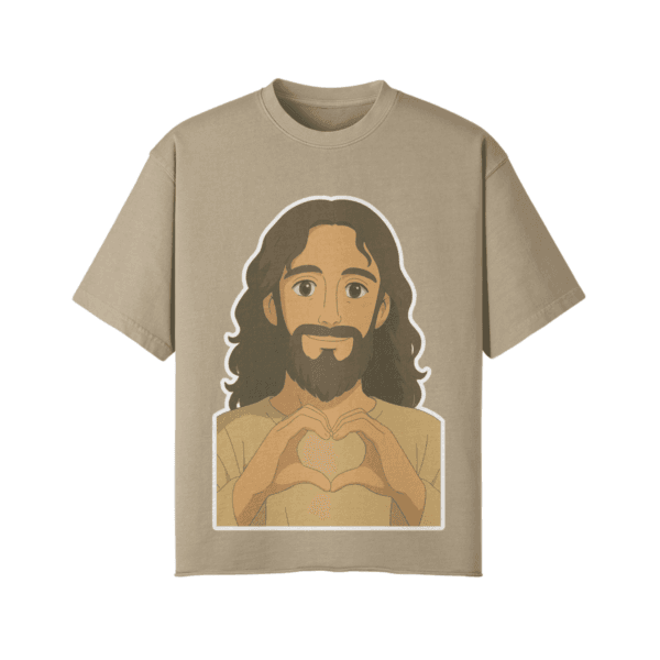 Khaki vintage Jesus Loves You oversize tee with heart-hands graphic