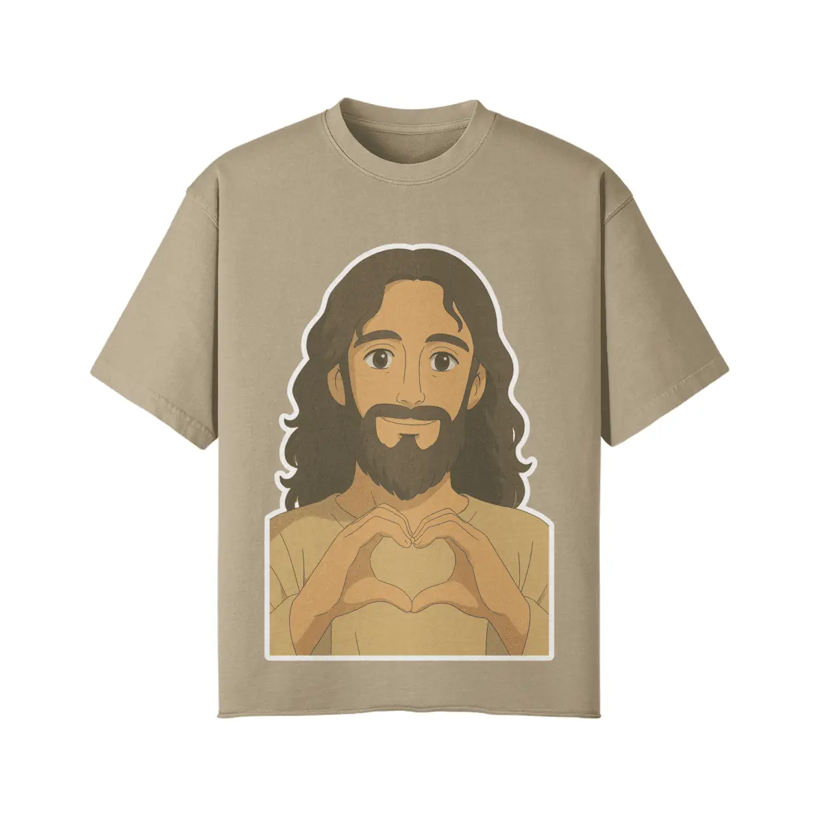 Business Scriptures – Bible Verses for Success & Growth - 5 - https://businessscriptures.com Khaki vintage Jesus Loves You oversize tee with heart-hands graphic