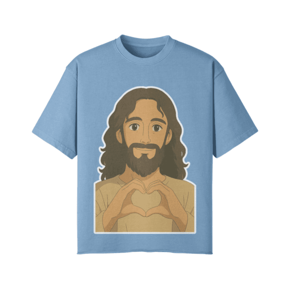 Slate Blue oversized vintage Jesus T-shirt with heart-hands graphic