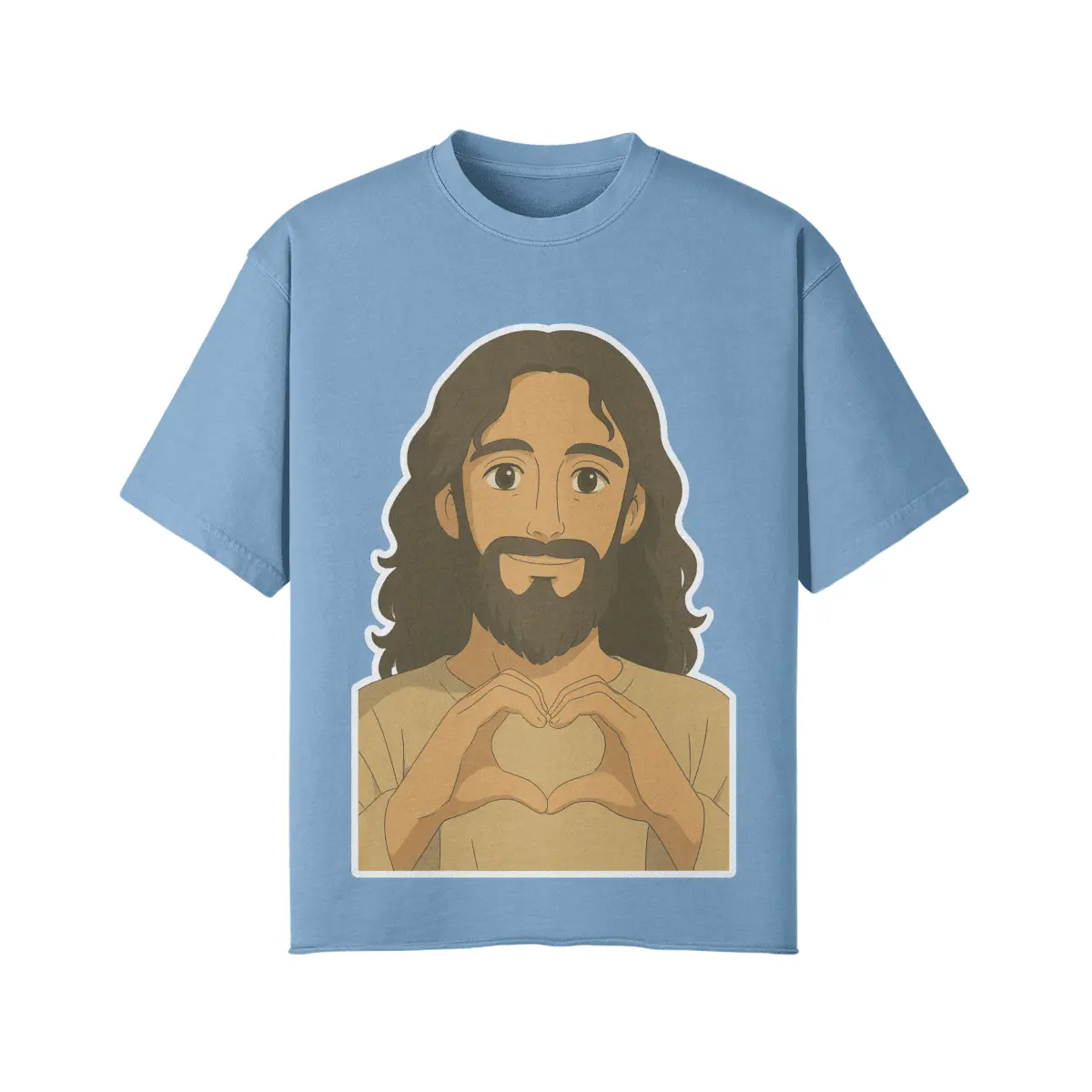 Business Scriptures – Bible Verses for Success & Growth - 8 - https://businessscriptures.com Slate Blue oversized vintage Jesus T-shirt with heart-hands graphic
