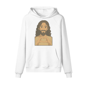 White heavyweight Jesus Loves You hoodie with heart-hands graphic