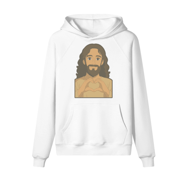 White heavyweight Jesus Loves You hoodie with heart-hands graphic