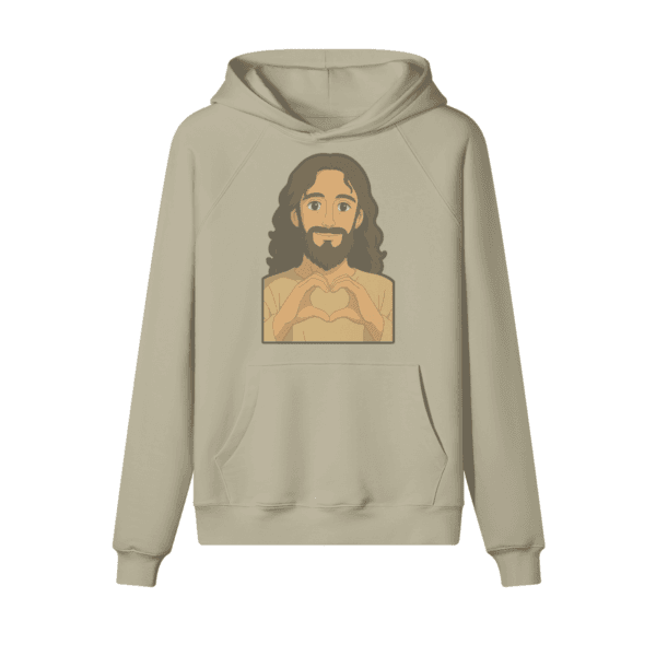 Camel color Jesus Loves You hoodie, heavyweight fleece, heart-hands graphic