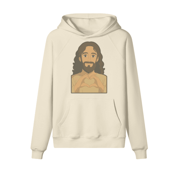 Rice Apricot Jesus hoodie with heart-hands graphic, oversized fit