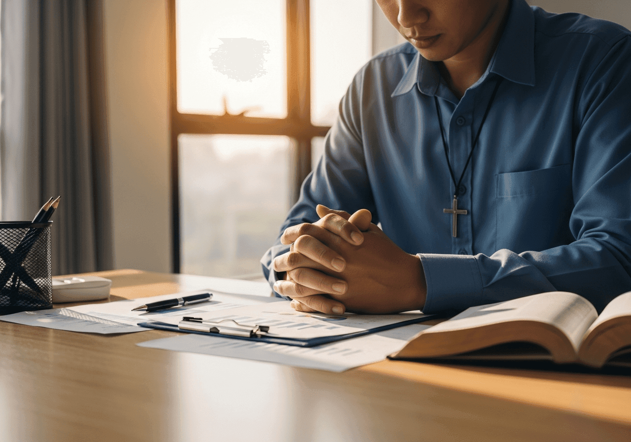Christian business owner praying over financial documents at sunrise