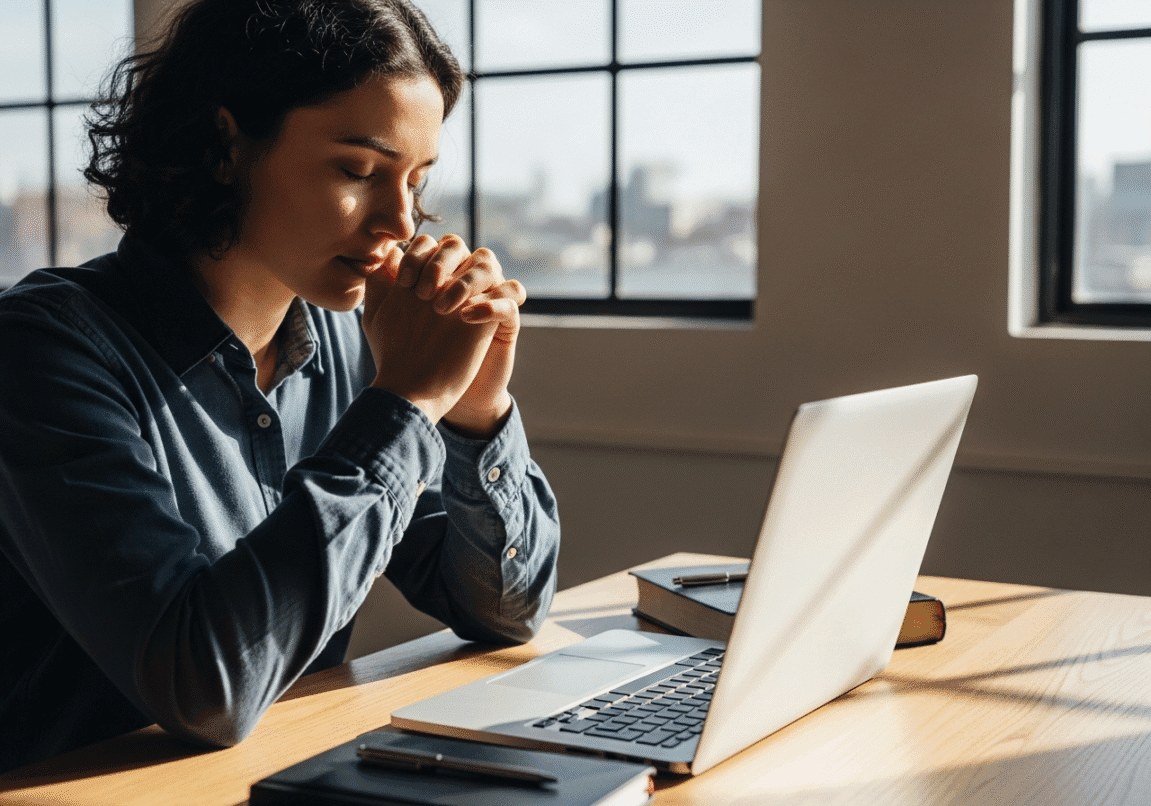 Christian entrepreneur praying silently at desk before beginning work