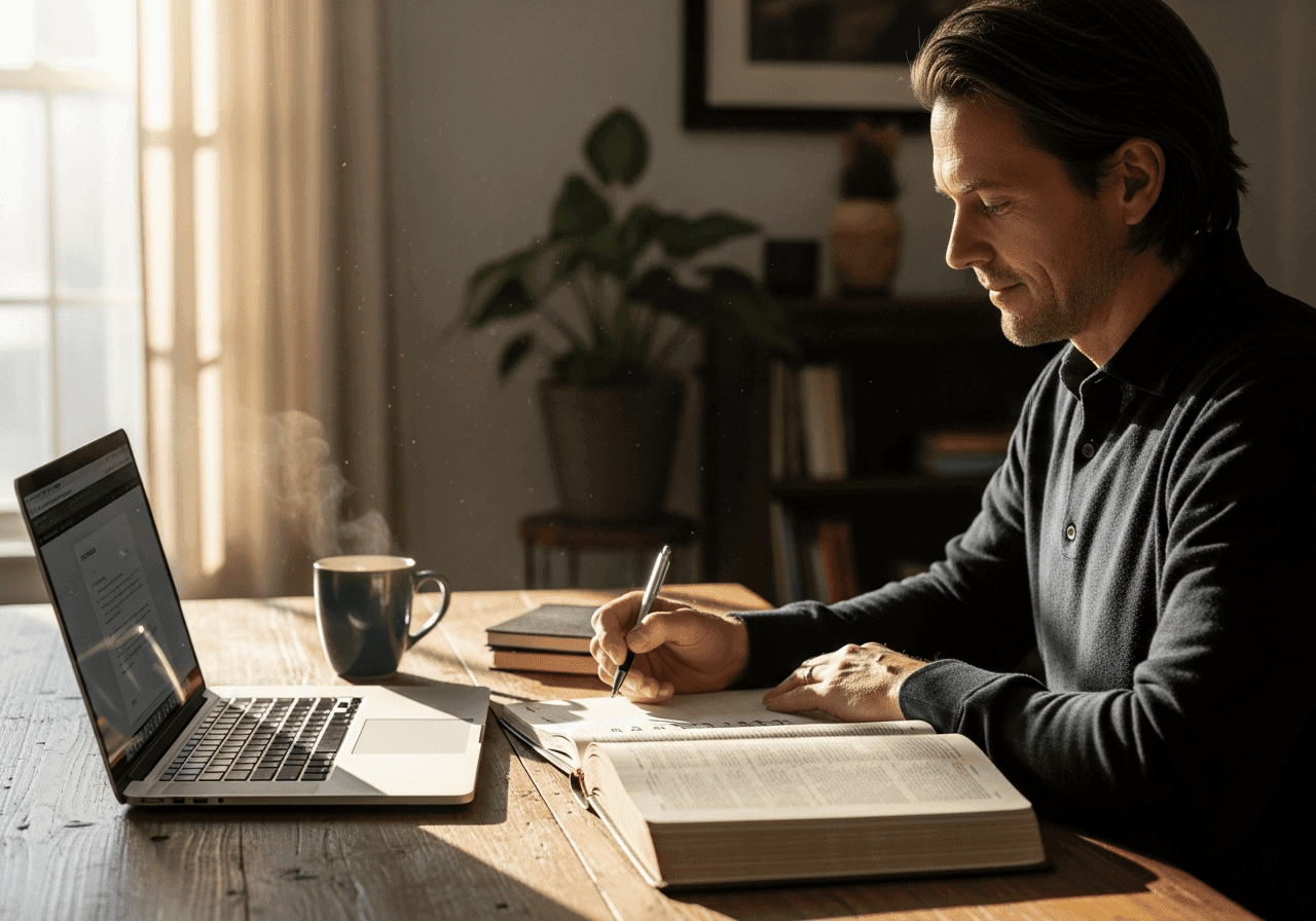 Christian business leader prayerfully reviewing weekly schedule with Bible and planner