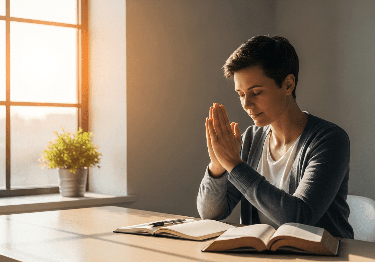 Christian businessperson praying in a bright workspace with an open Bible