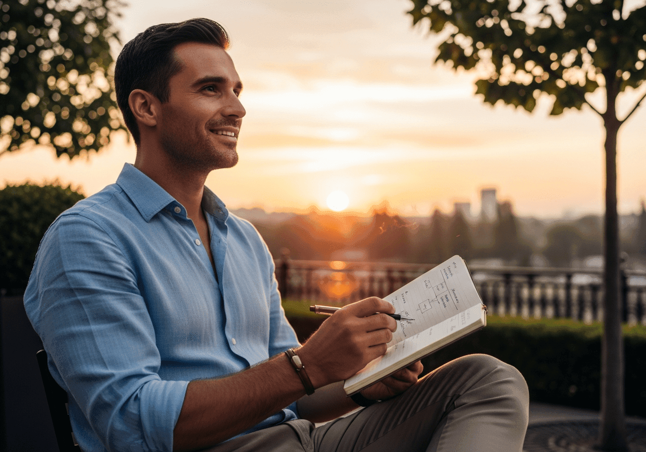 Christian entrepreneur reflecting and writing down a vision as the sun rises