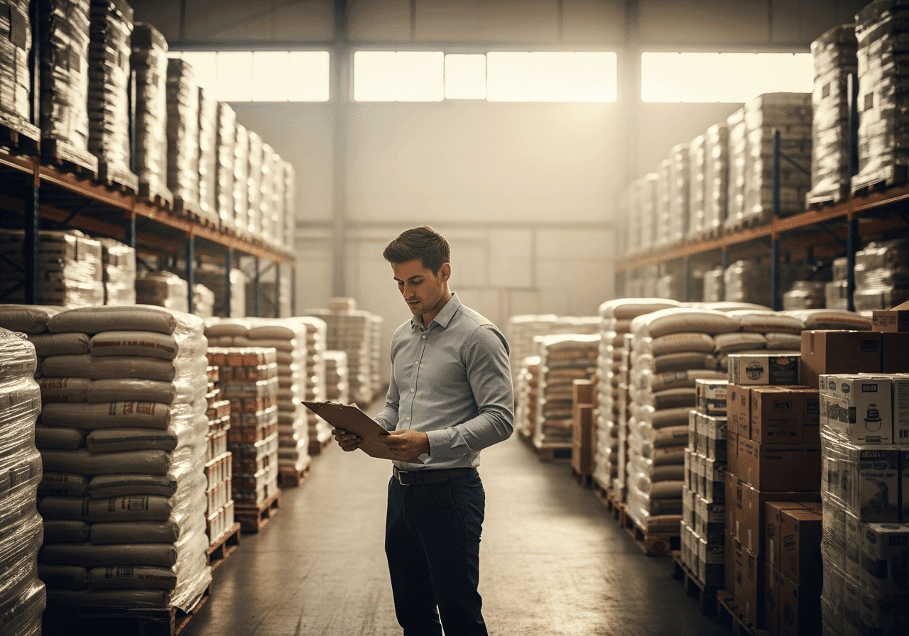 Man reviewing grain reserves in a large warehouse, representing Joseph’s strategy for preparing for famine