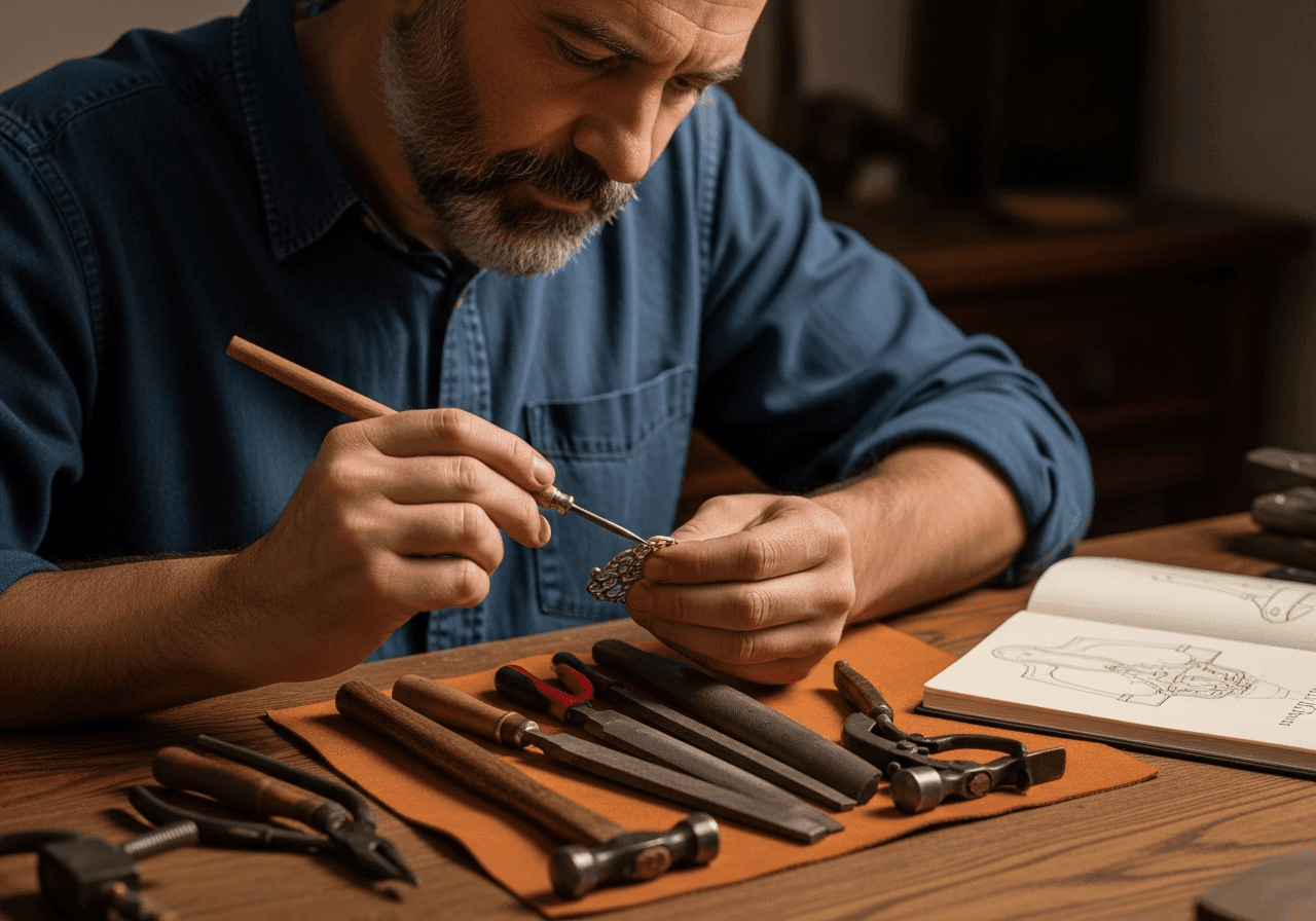 Artisan shaping metal at a workbench, symbolizing Bezalel’s Spirit-led craftsmanship for the Tabernacle