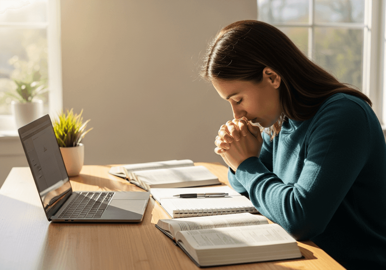 Christian entrepreneur praying at desk with Bible and laptop open