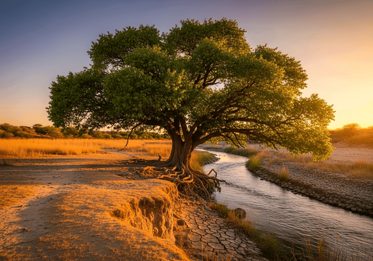 Thriving tree planted next to river in dry region representing divine endurance