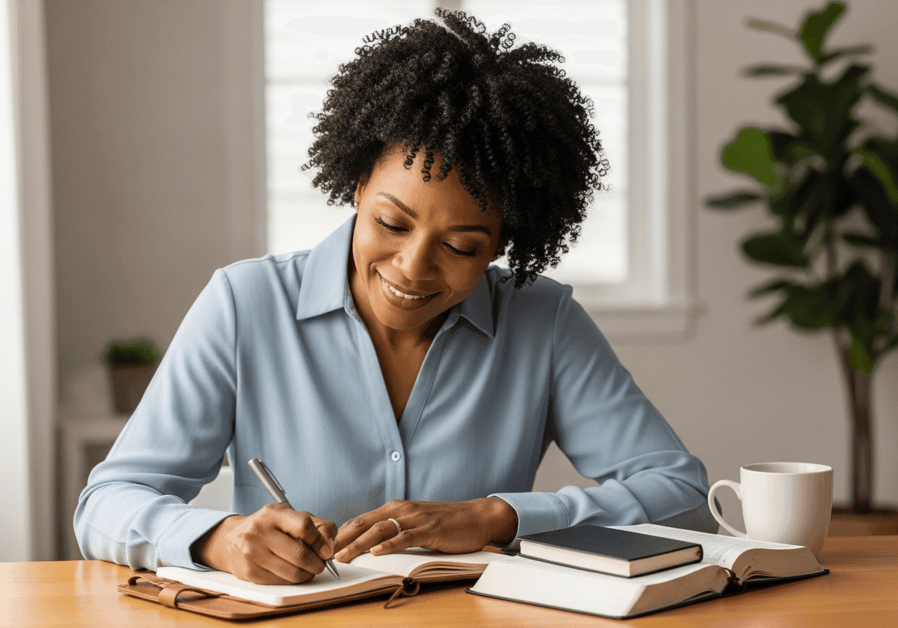 African Christian businesswoman journaling with Bible and coffee at hand
