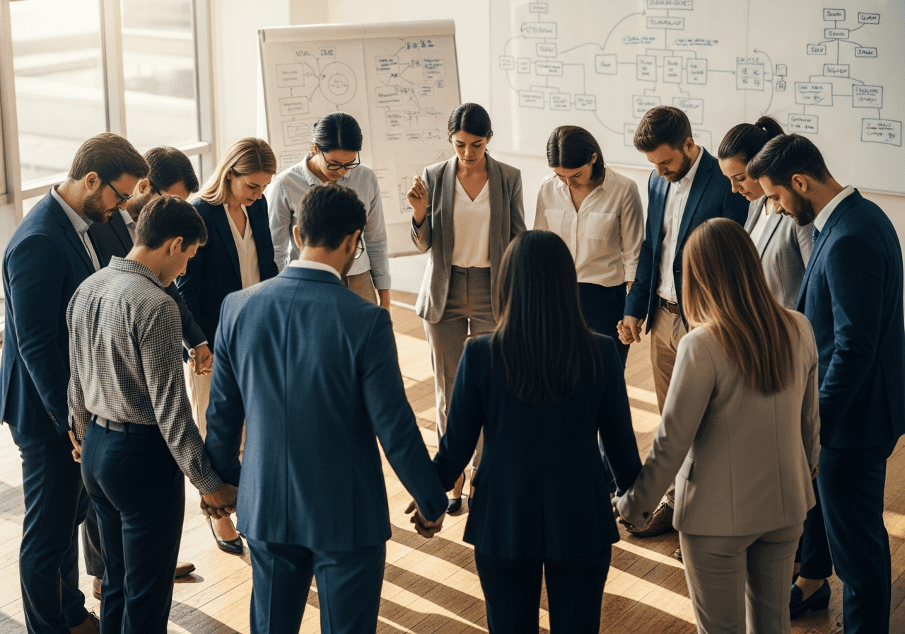 Diverse Christian workplace team praying together before a strategy meeting