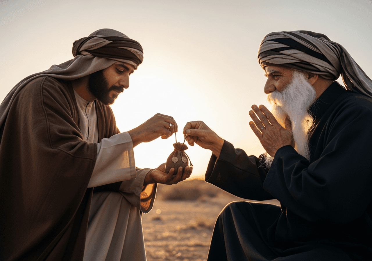 Abraham offering a tithe to Melchizedek in a desert setting during sunset