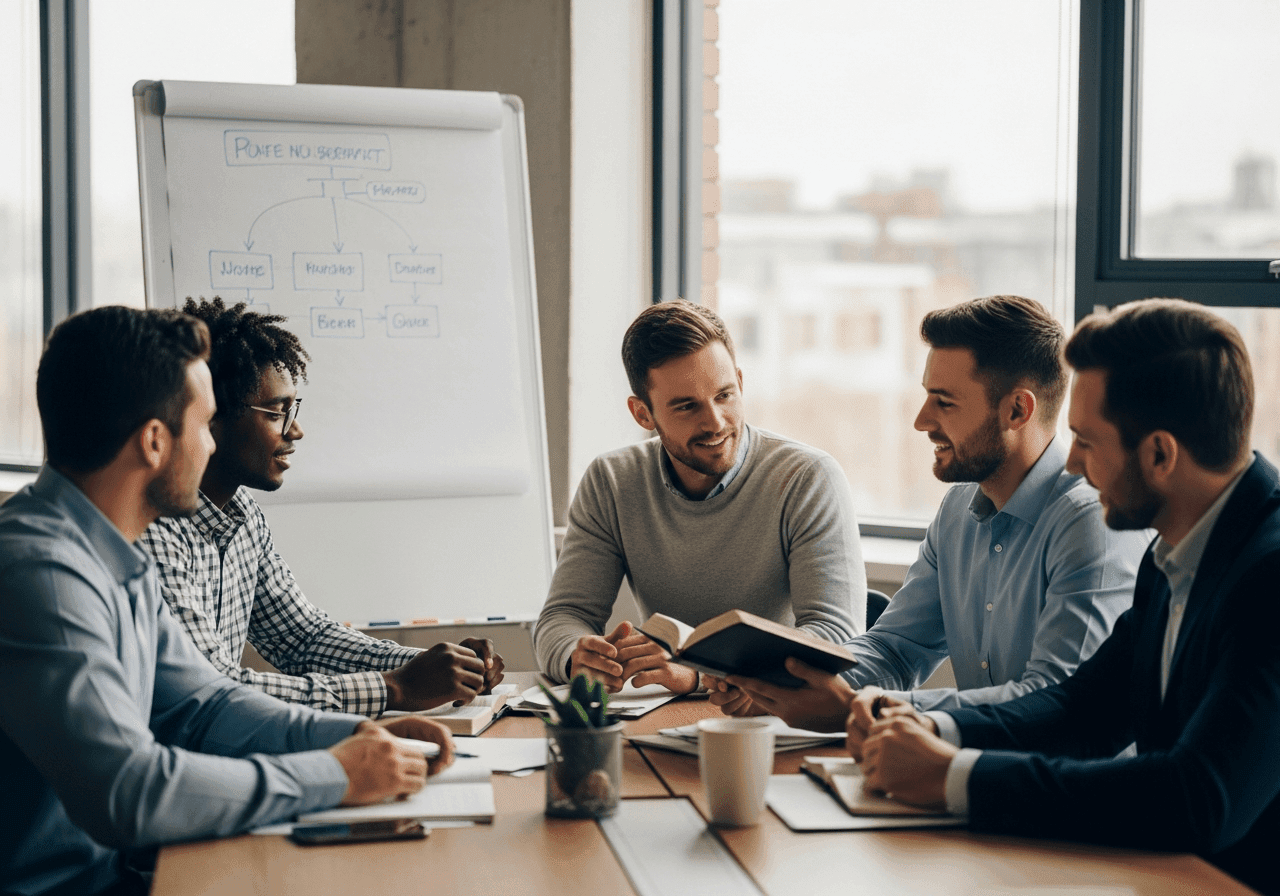 Business team collaborating on generosity and giving strategy in an open office