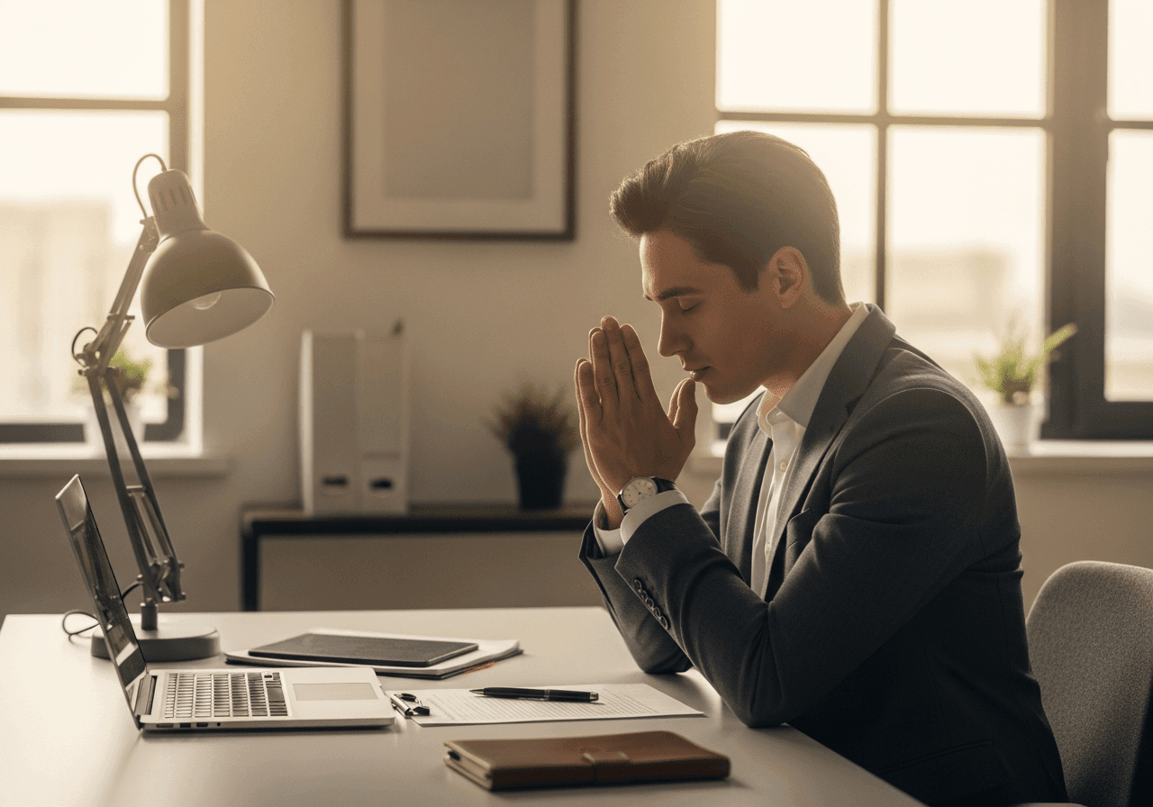 Christian business owner in quiet prayer at desk before making a decision