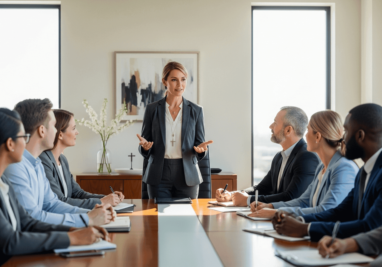 Confident Christian businesswoman leading a presentation with calm authority