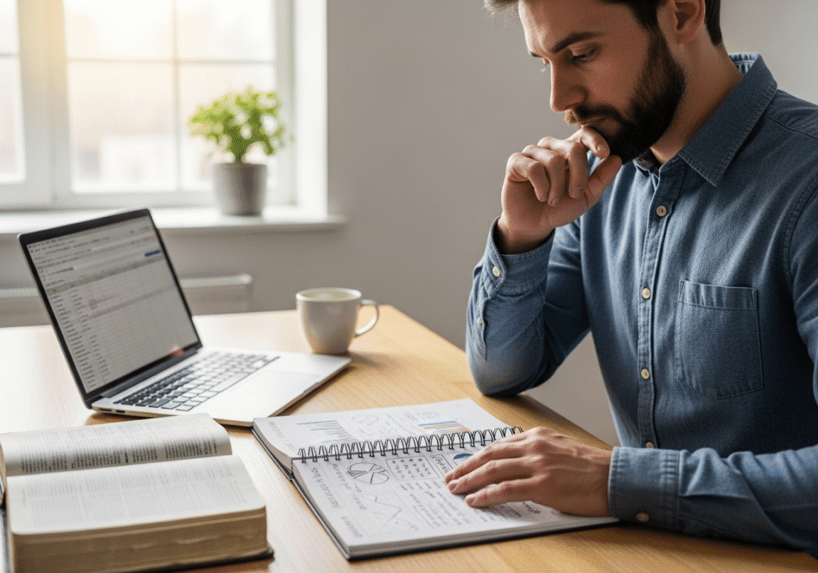Christian business leader reviewing a faith-filled journal in a home office