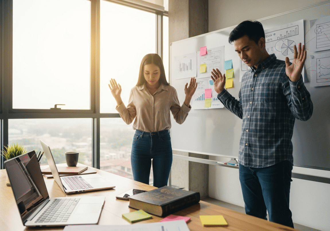Two Christian entrepreneurs praying together in a bright office with Bible nearby