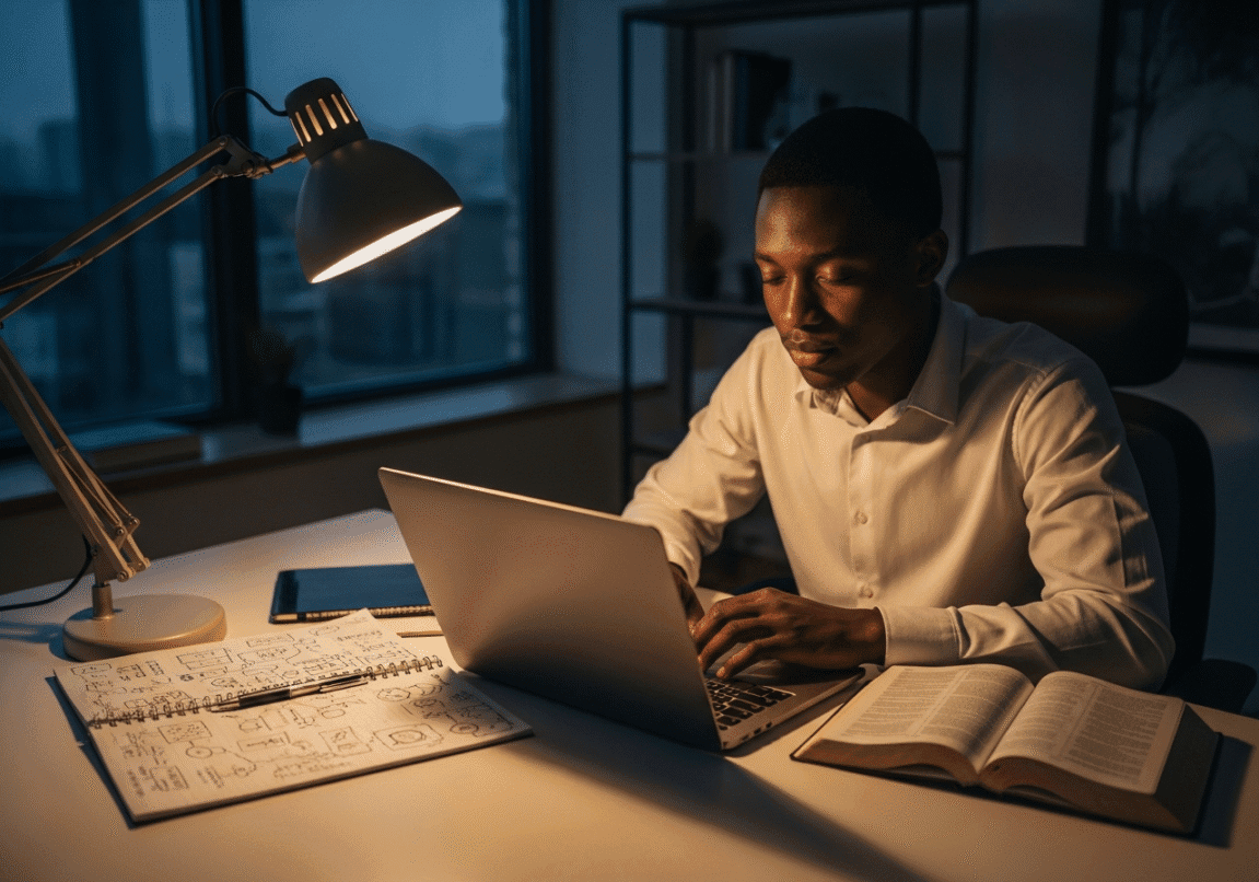Young African Christian entrepreneur praying over a product design at a desk with open Bible and laptop