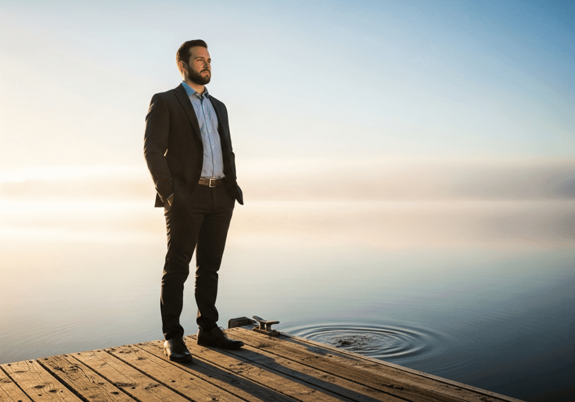 Christian entrepreneur standing on a dock at sunrise, symbolizing bold faith decisions