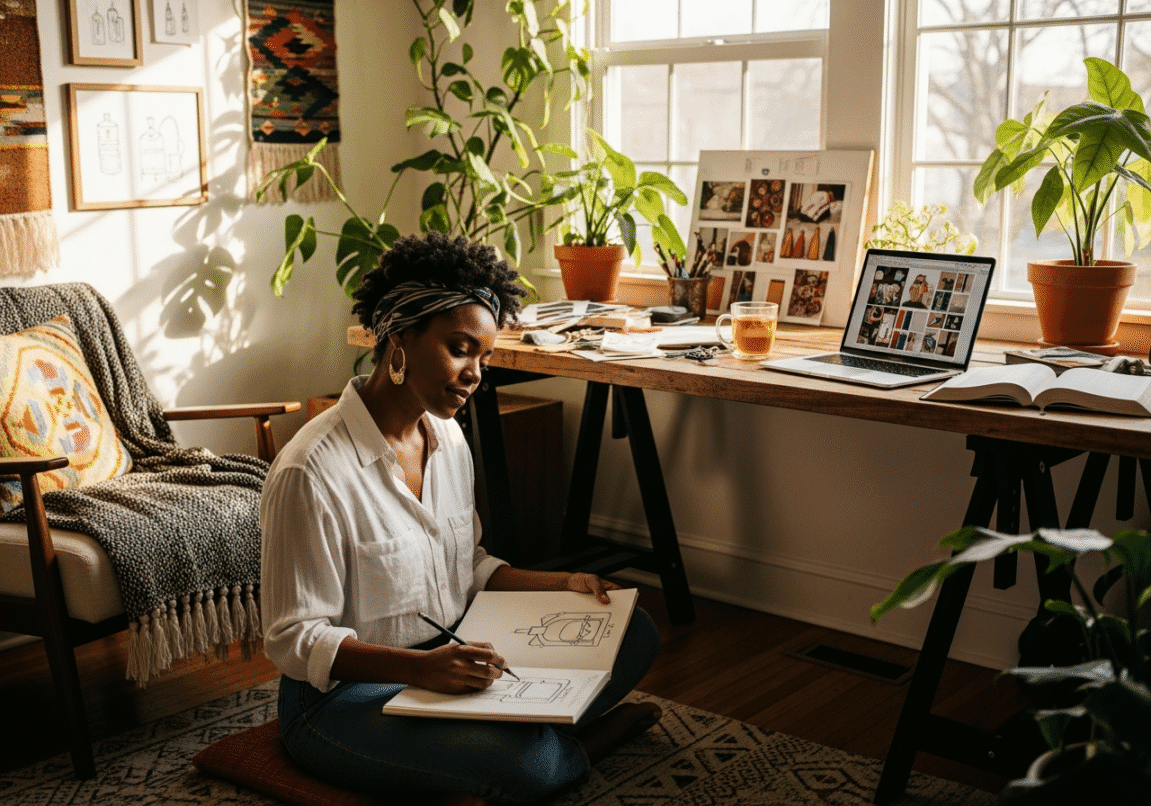 Christian woman designing products in a home studio with a Bible open nearby