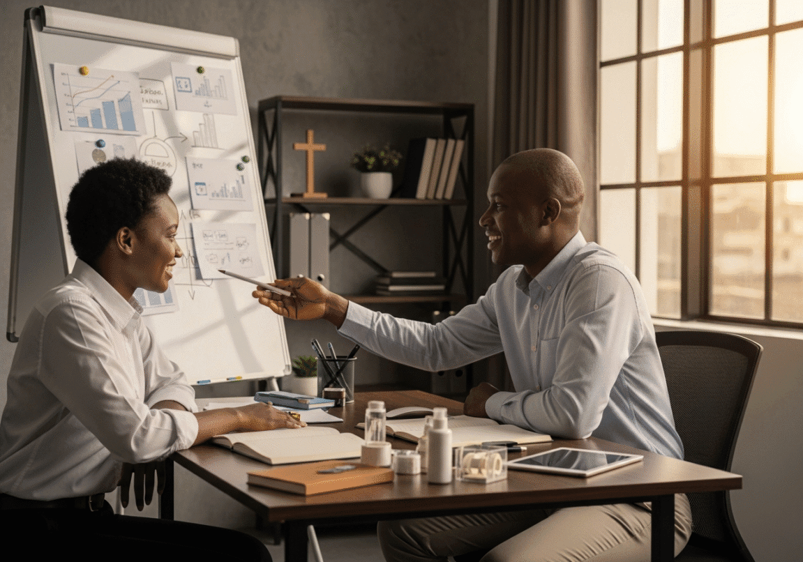 Christian business owner mentoring a younger coworker in a creative office