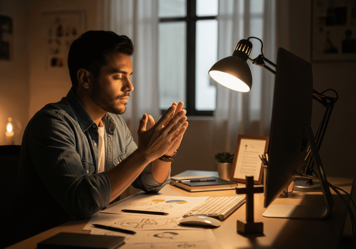 Christian graphic designer praying over his completed creative work in a modern office