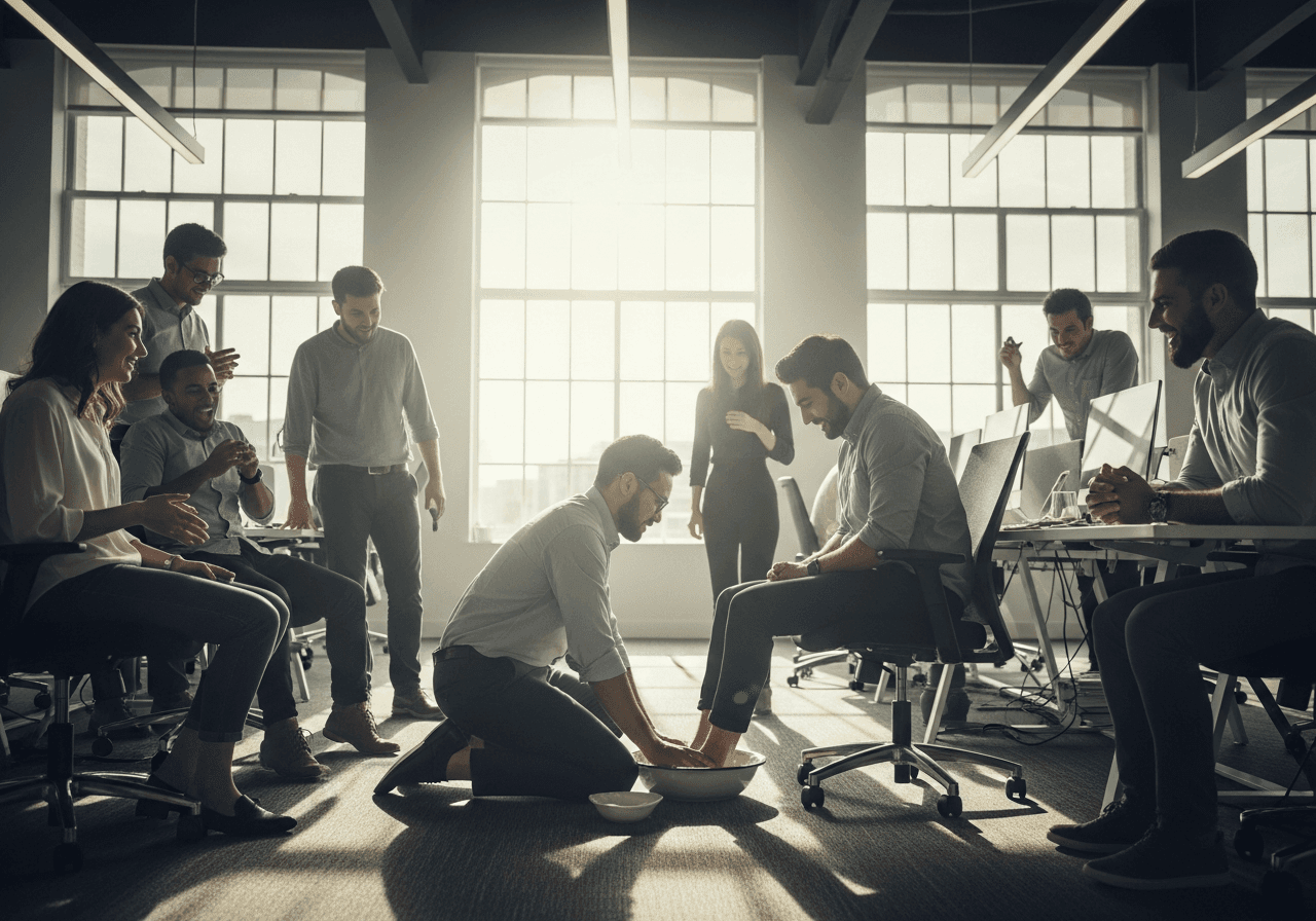 Christian business leader humbly washing coworker's feet in an office