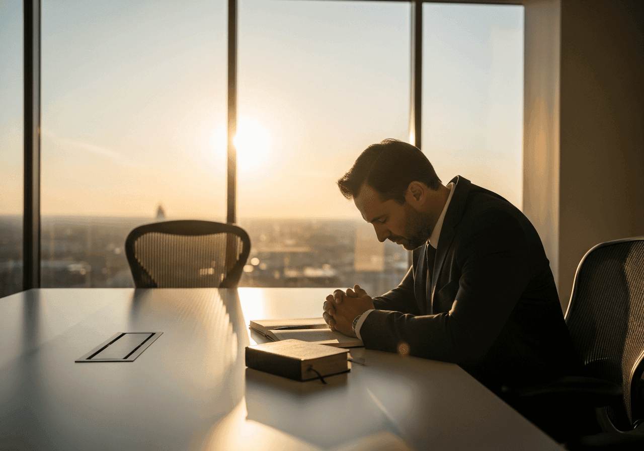 Christian executive praying over business plans in a quiet boardroom