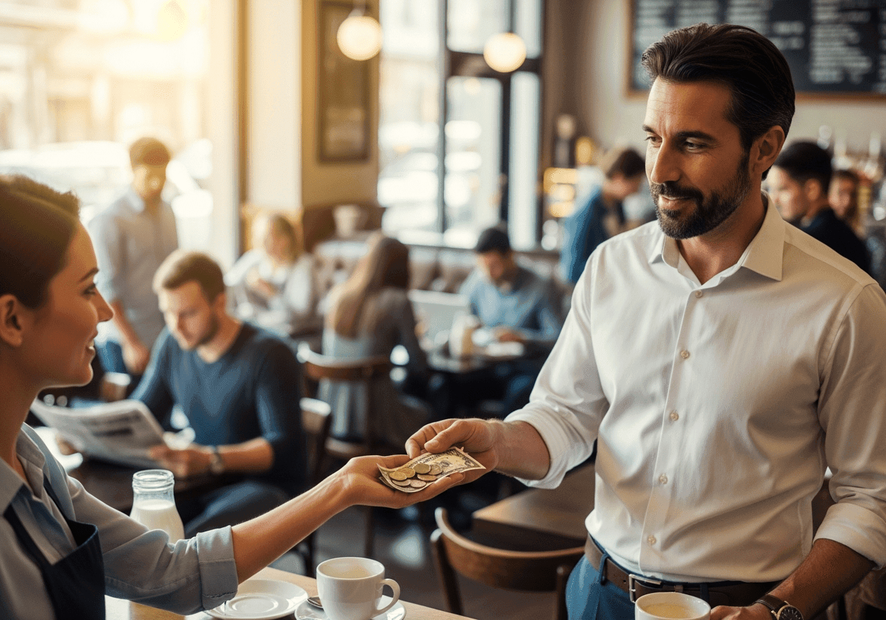 Christian businessman returning extra change to cashier with a sincere smile