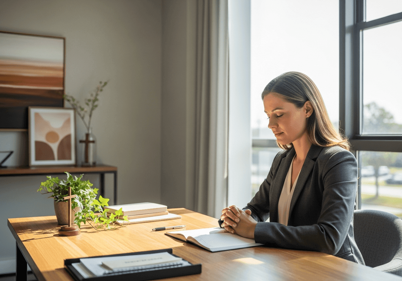 Christian female entrepreneur praying over her business plans at desk