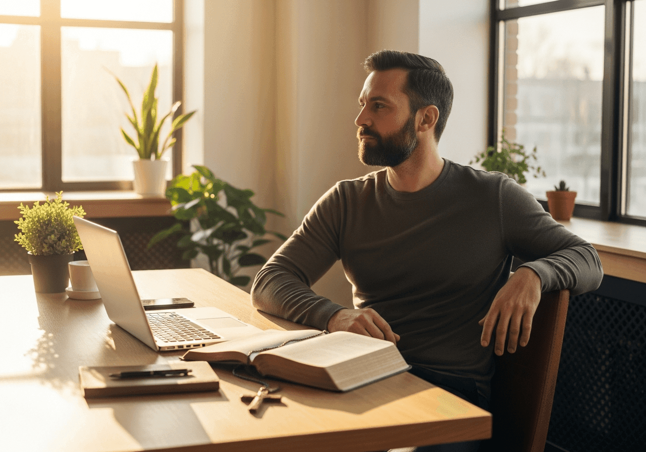 Christian man reflecting on business strategy with Bible beside laptop